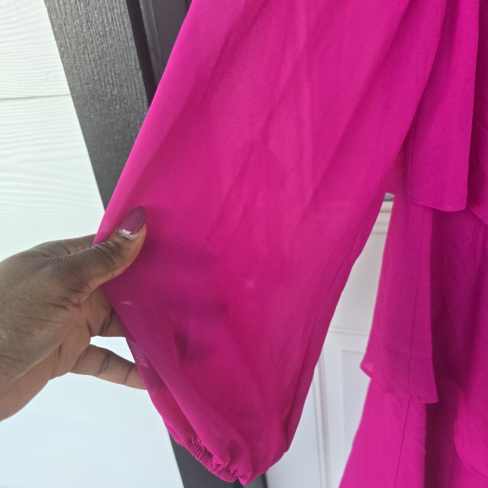 $109 Jessica Howard Shift Dress Sz 16 Plus Tiered Pink Chiffon Long Sleeves Date - Picture 8 of 16